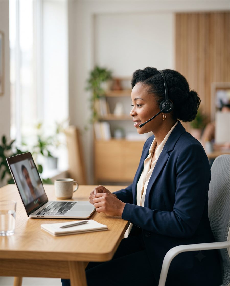 A Moja Languages interpreter wearing a headset, interpreting a video call from her desk